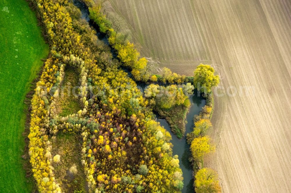 Aerial photograph Hamm OT Caldenhof - Landscape on the banks of the river-course Ahse at Caldenhof in Hamm - state North Rhine-Westphalia