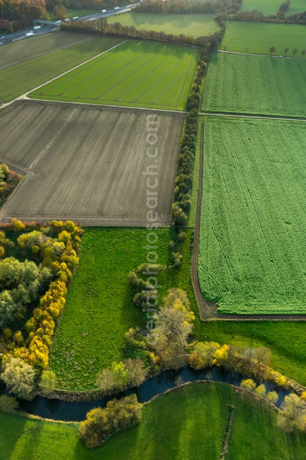 Hamm OT Caldenhof from above - Landscape on the banks of the river-course Ahse at Caldenhof in Hamm - state North Rhine-Westphalia