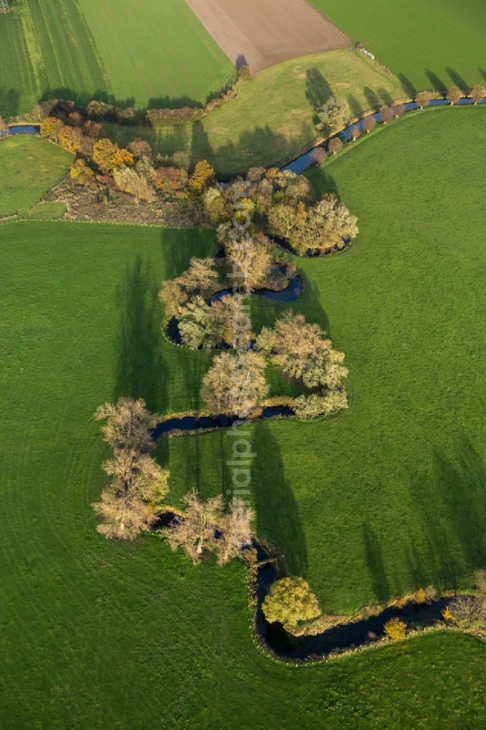 Aerial image Süddinker - Landscape on the banks of the river-course Ahse at Süddinker in North Rhine-Westphalia