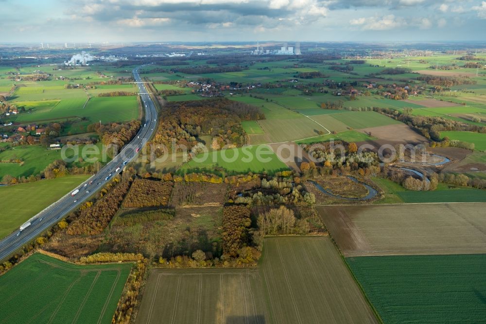 Süddinker from the bird's eye view: Landscape on the banks of the river-course Ahse at Süddinker in North Rhine-Westphalia