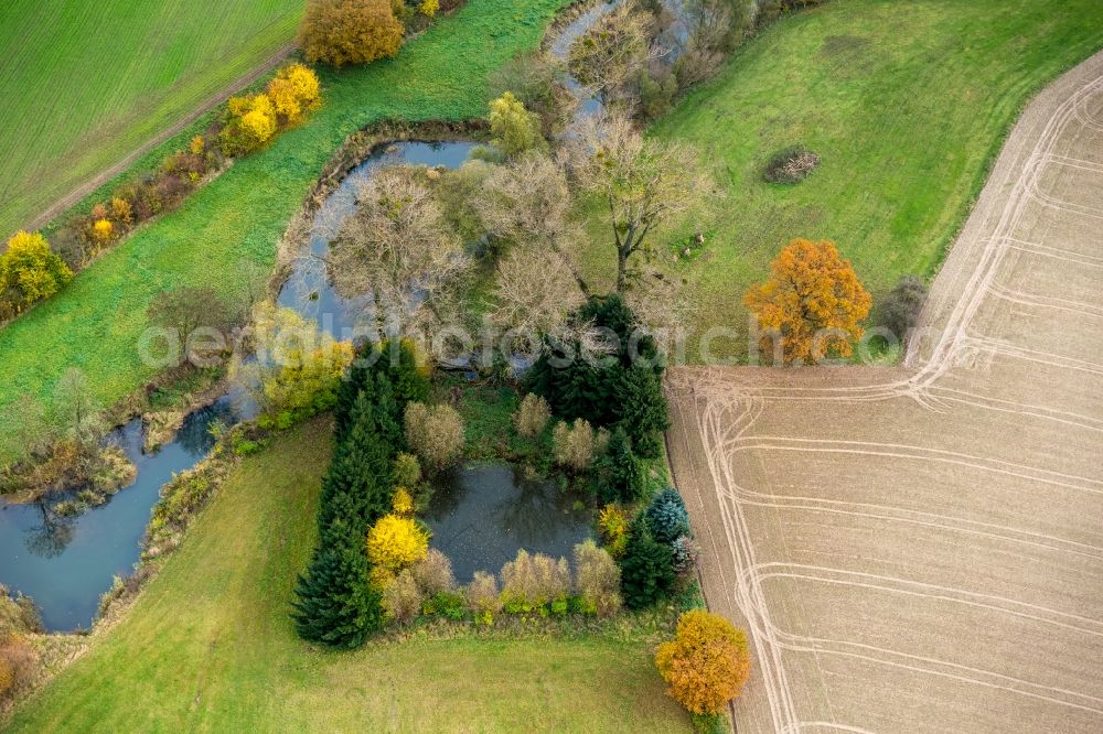 Süddinker from the bird's eye view: Landscape on the banks of the river-course Ahse at Süddinker in North Rhine-Westphalia