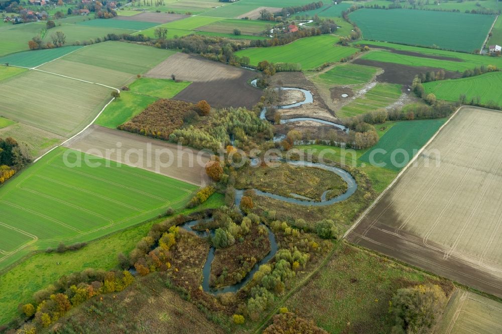 Aerial image Süddinker - Landscape on the banks of the river-course Ahse at Süddinker in North Rhine-Westphalia