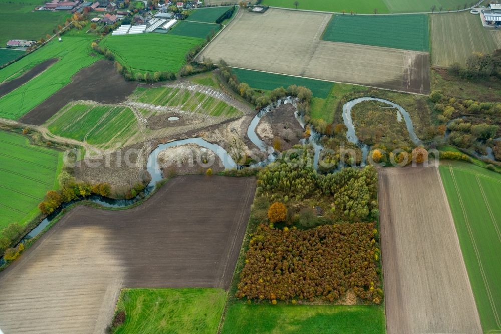 Aerial image Süddinker - Landscape on the banks of the river-course Ahse at Süddinker in North Rhine-Westphalia