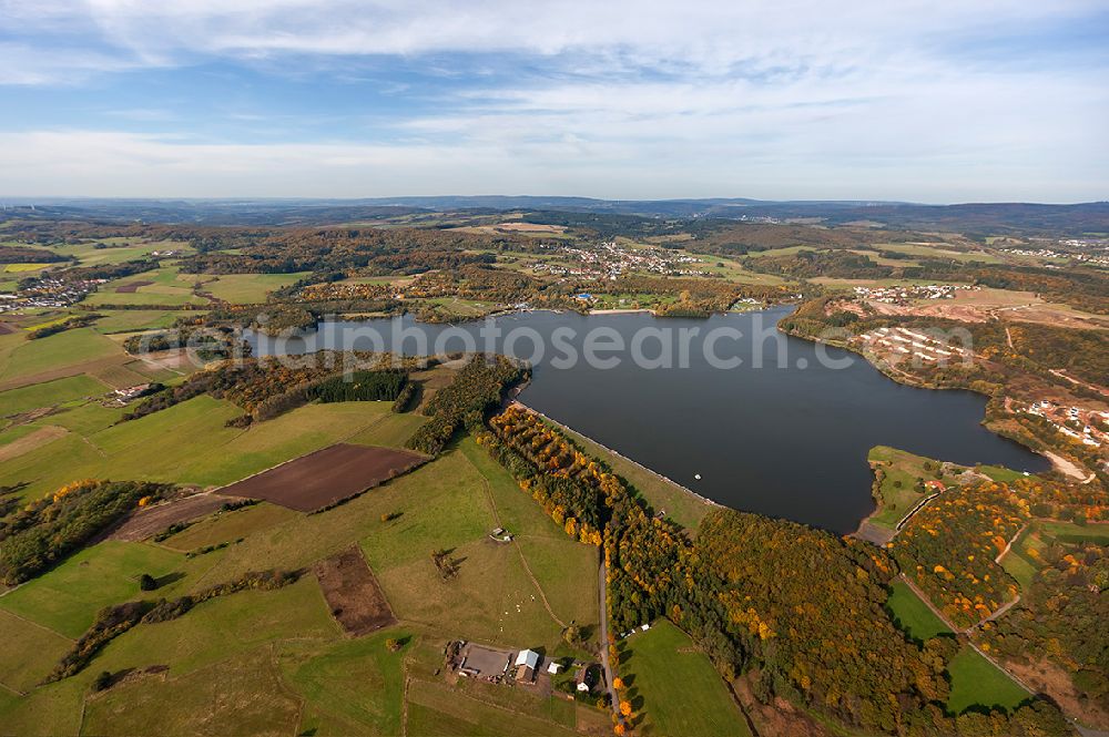 St. Wendel from above - Landscape of the water sports center on the Bostalsee in St. Wendel in Saarland