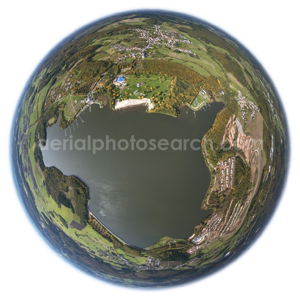 St. Wendel from the bird's eye view: Fish- eye- Landscape of the water sports center on the Bostalsee in St. Wendel in Saarland