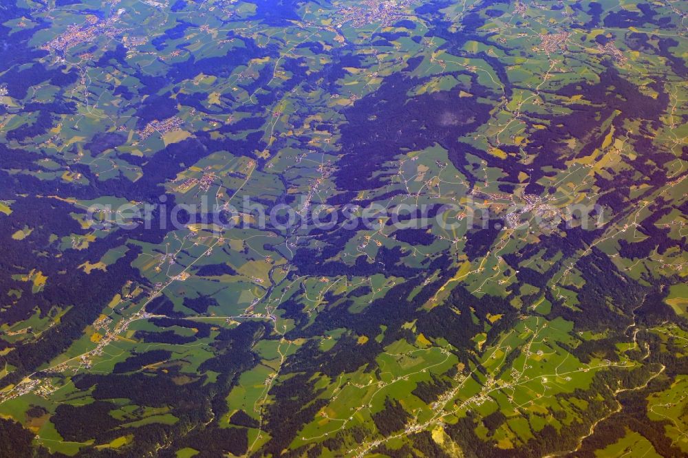 Sulzberg from the bird's eye view: Landscape at the border area of Germany 8left) and Austria in Sulzberg in Vorarlberg, Austria