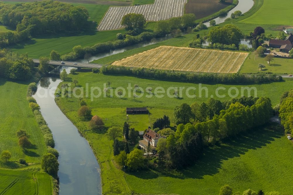 Olfen from above - Landscape of meadows and fields at the Hotel-Restaurant Zur Rauschenburg at Olfen in the state of North Rhine-Westphalia