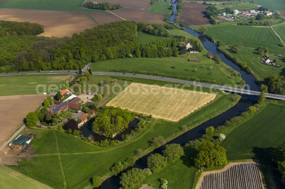 Olfen from the bird's eye view: Landscape of meadows and fields at the Hotel-Restaurant Zur Rauschenburg at Olfen in the state of North Rhine-Westphalia