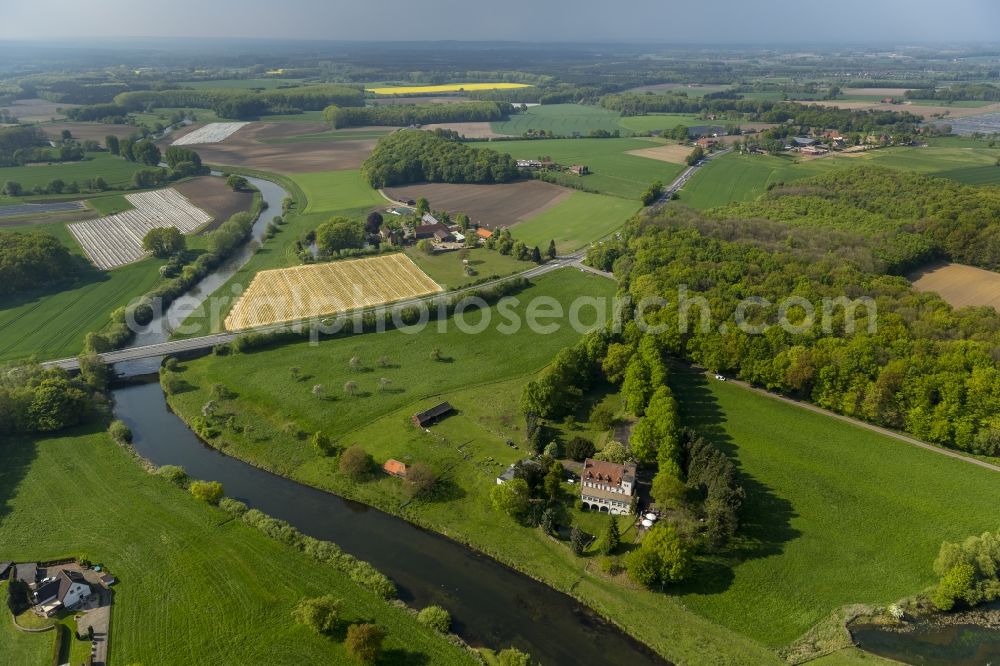 Aerial photograph Olfen - Landscape of meadows and fields at the Hotel-Restaurant Zur Rauschenburg at Olfen in the state of North Rhine-Westphalia