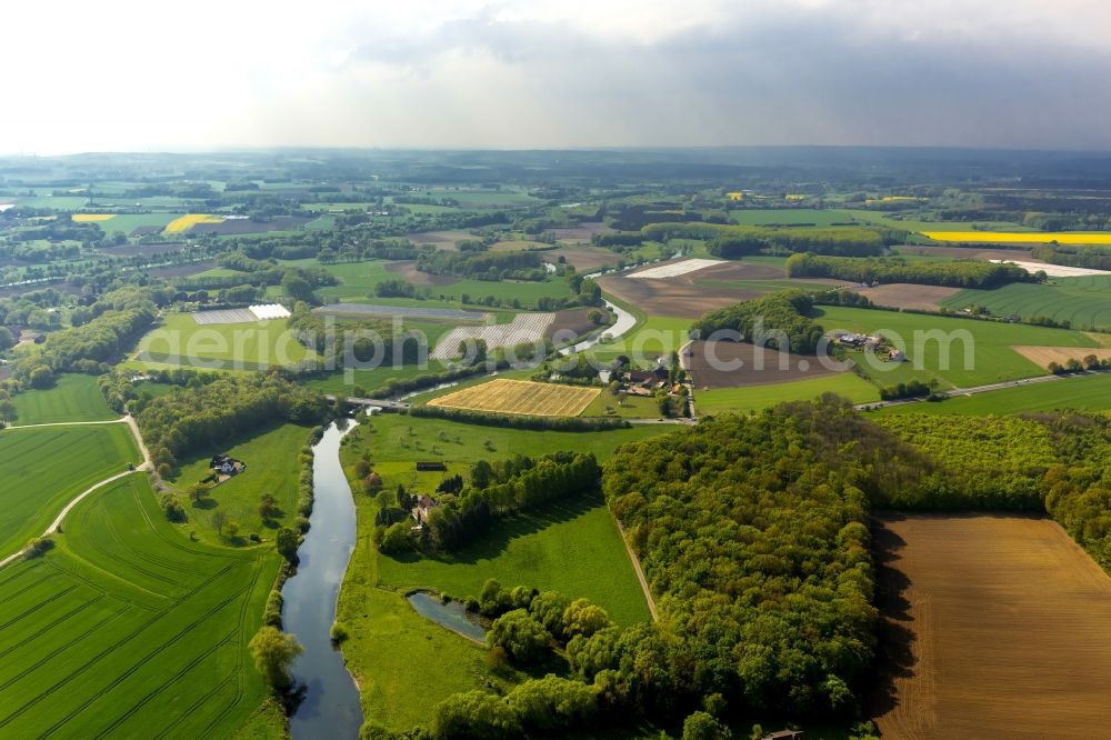 Olfen from above - Landscape of meadows and fields at the Hotel-Restaurant Zur Rauschenburg at Olfen in the state of North Rhine-Westphalia