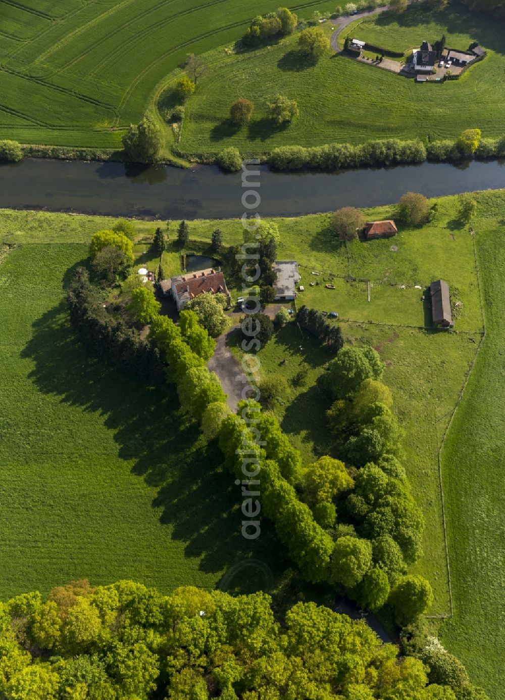 Olfen from above - Landscape of meadows and fields at the Hotel-Restaurant Zur Rauschenburg at Olfen in the state of North Rhine-Westphalia