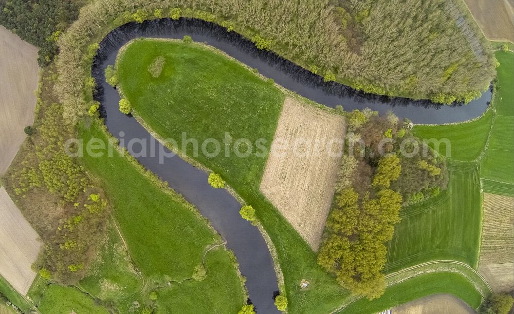 Aerial photograph Olfen - Landscape of meadows and fields of Lippeauen on the lip at Olfen in North Rhine-Westphalia