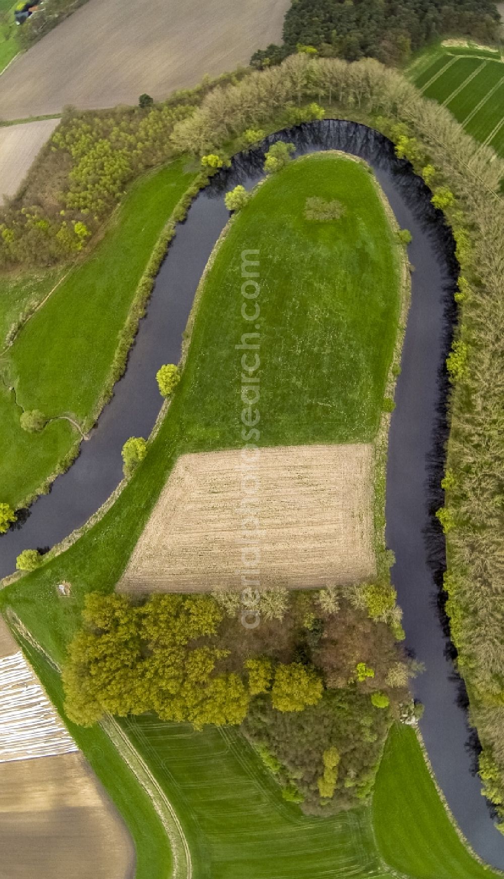 Olfen from above - Landscape of meadows and fields of Lippeauen on the lip at Olfen in North Rhine-Westphalia