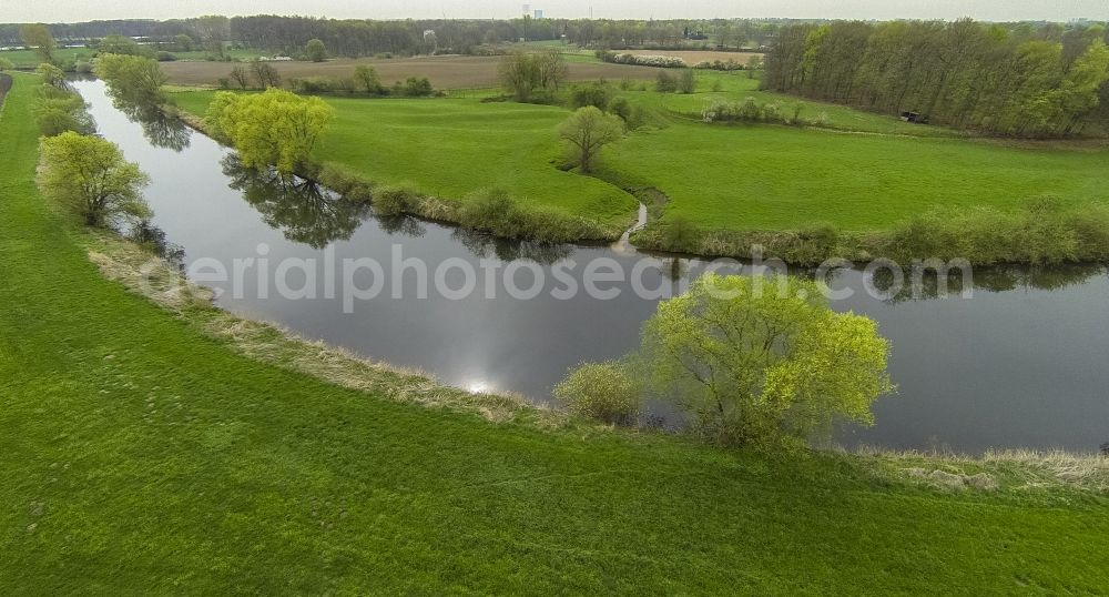 Aerial photograph Olfen - Landscape of meadows and fields of Lippeauen on the lip at Olfen in North Rhine-Westphalia