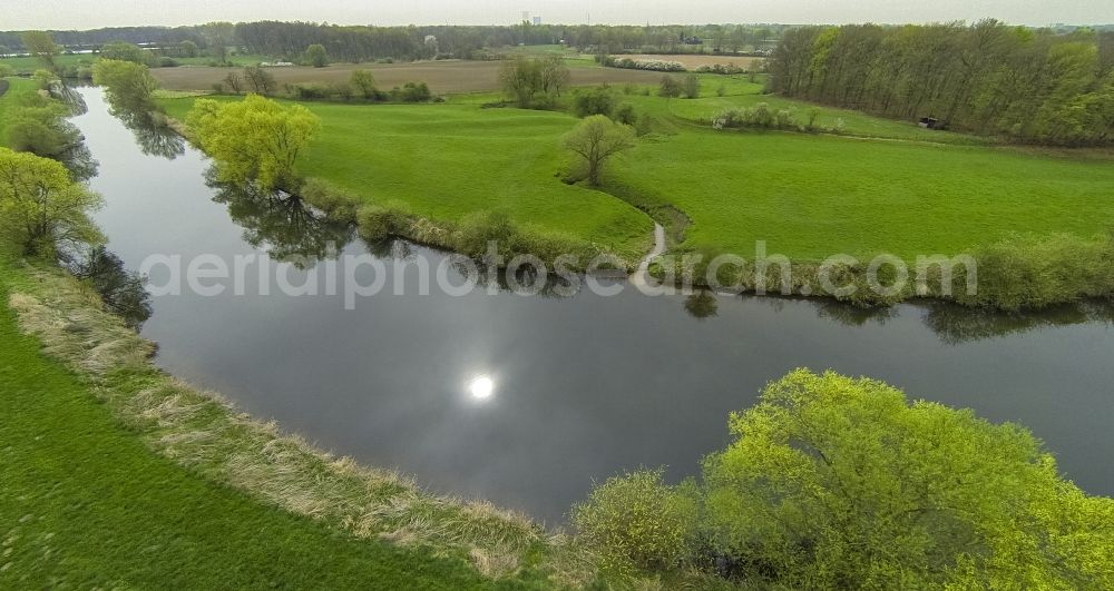 Olfen from above - Landscape of meadows and fields of Lippeauen on the lip at Olfen in North Rhine-Westphalia