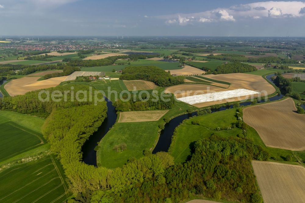 Olfen from the bird's eye view: Landscape of meadows and fields of Lippeauen on the lip at Olfen in North Rhine-Westphalia