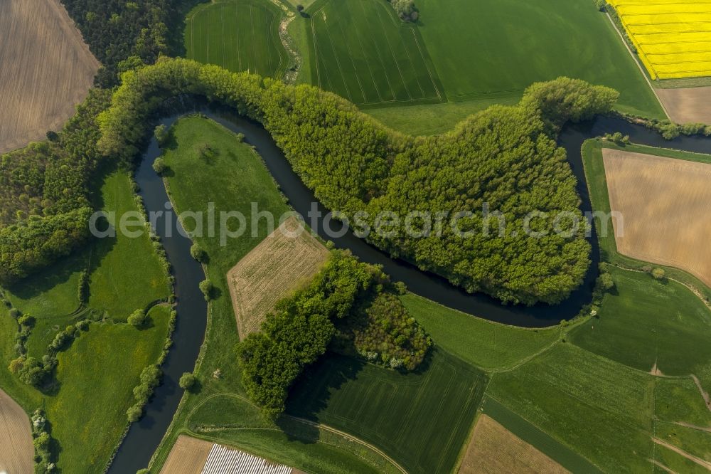 Olfen from above - Landscape of meadows and fields of Lippeauen on the lip at Olfen in North Rhine-Westphalia