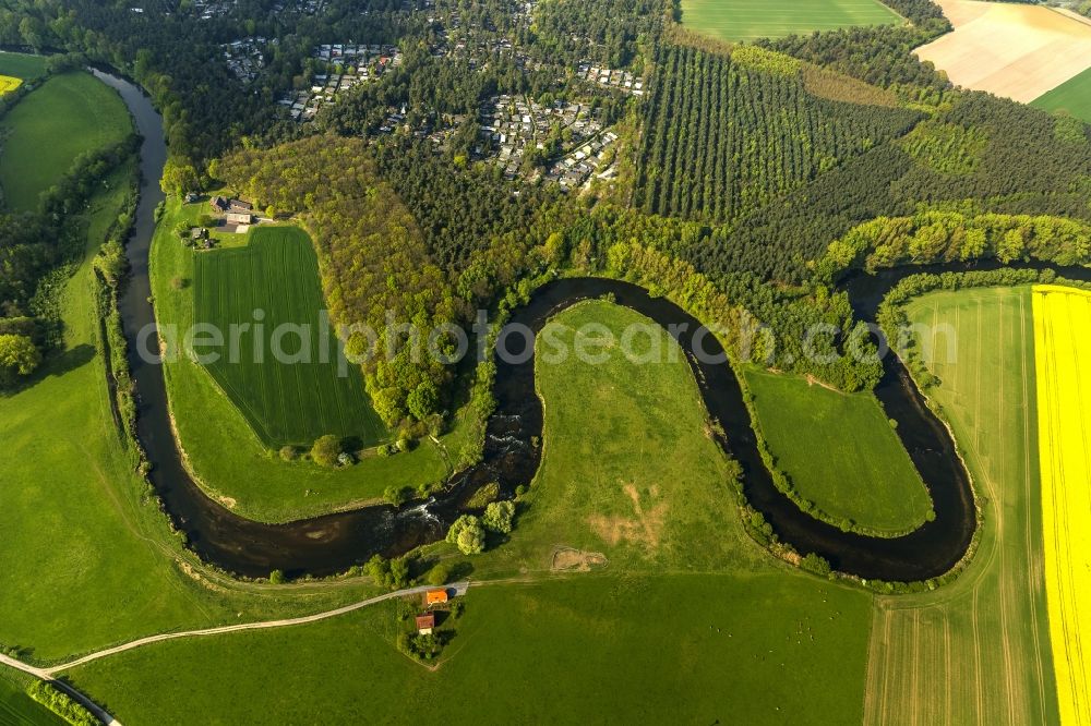 Aerial photograph Olfen - Landscape of meadows and fields of Lippeauen on the lip at Olfen in North Rhine-Westphalia