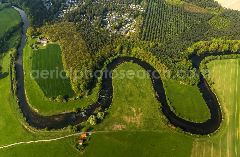 Olfen from above - Landscape of meadows and fields of Lippeauen on the lip at Olfen in North Rhine-Westphalia