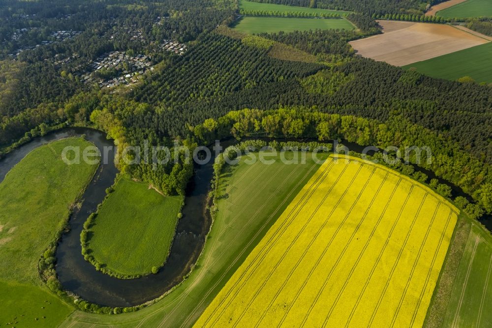 Aerial image Olfen - Landscape of meadows and fields of Lippeauen on the lip at Olfen in North Rhine-Westphalia