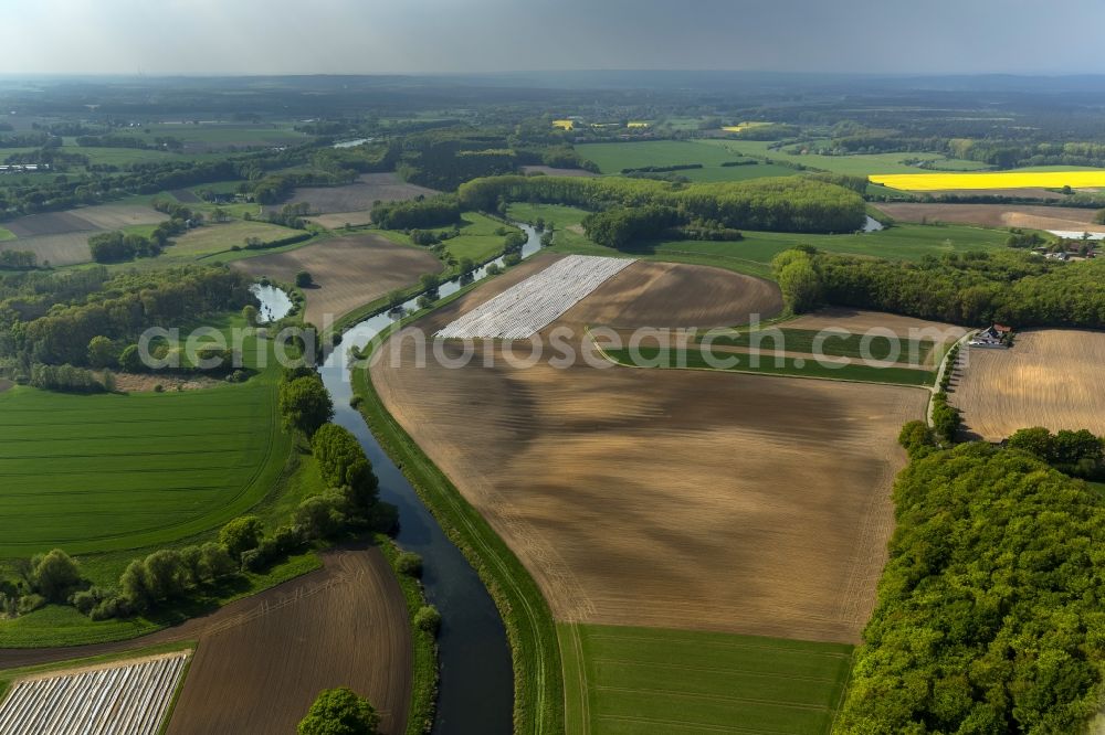 Olfen from above - Landscape of meadows and fields of Lippeauen on the lip at Olfen in North Rhine-Westphalia