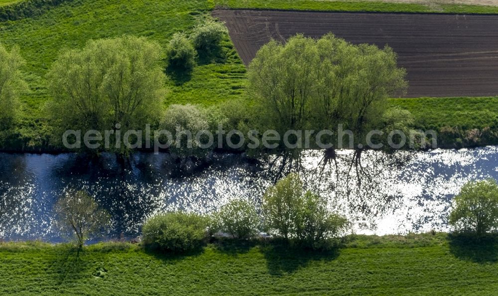 Aerial photograph Olfen - Landscape of meadows and fields of Lippeauen on the lip at Olfen in North Rhine-Westphalia