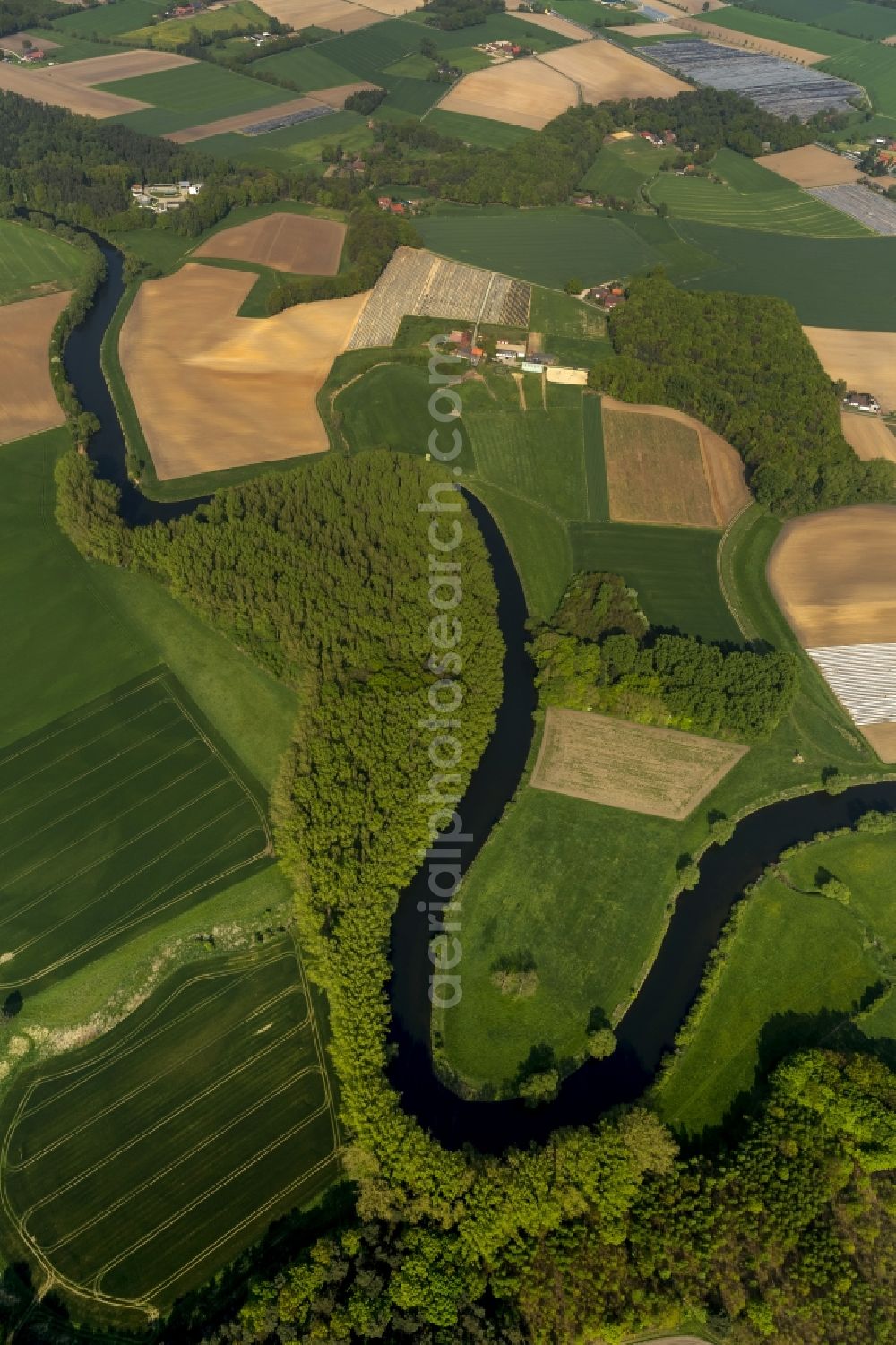 Aerial photograph Olfen - Landscape of meadows and fields of Lippeauen on the lip at Olfen in North Rhine-Westphalia