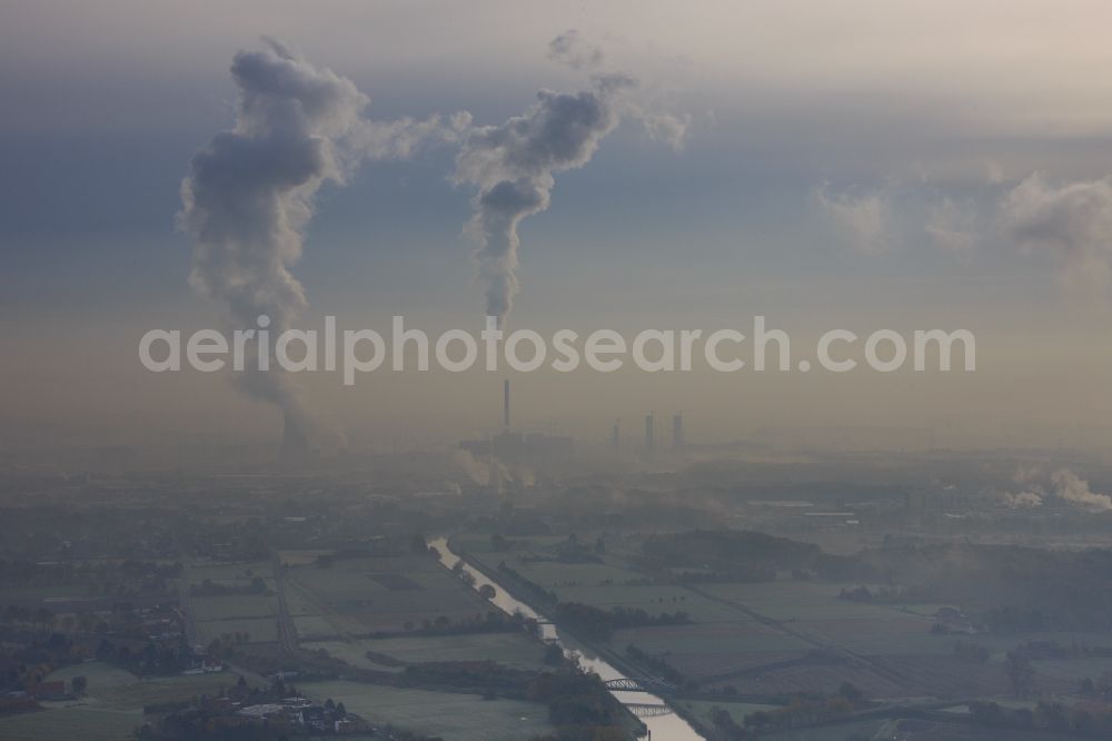 Aerial image Bergkamen - Landscape with cloud at temperature inversion with inversion layer over the coal-fired power plant Bergkamen in North Rhine-Westphalia. The coal-fired power plant on dates-Hamm Canal is operated by RWE