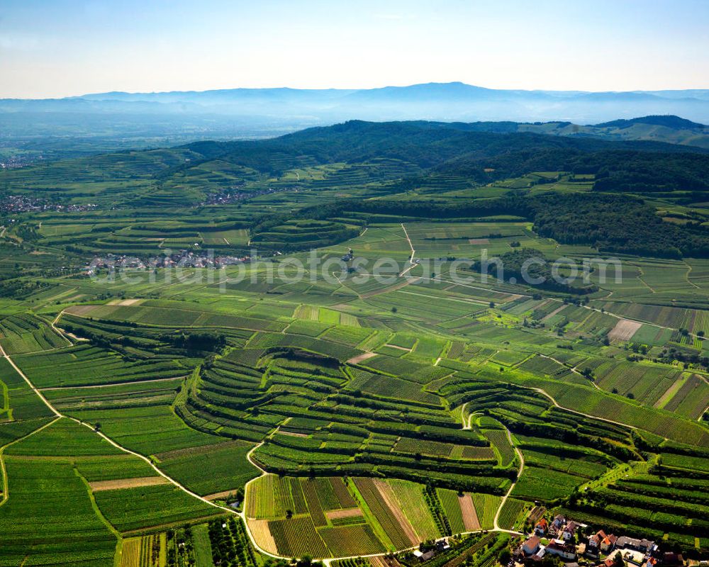 Aerial photograph SCHELINGEN - Blick auf die Landschaften des Kaiserstuhl s, einem hohes Mittelgebirge vulkanischen Ursprungs in den Landkreisen Emmendingen und Breisgau-Hochschwarzwald im Südwesten von Baden-Württemberg. Naturräumlich wird er zum Oberrheinischen Tiefland gezählt. Seinen Namen hat der Kaiserstuhl vermutlich von König Otto III., der bei Sasbach am 22. Dezember 994 einen Gerichtstag abhielt. Nach diesem Gerichtstag wurde das ganze Gebirge als „Königsstuhl“ bezeichnet. Nachdem Otto III. im Mai 996 zum Kaiser gekrönt war, wurde aus dem „ Königsstuhl “ der „ Kaiserstuhl “. Landscapes of the Kaiserstuhl s, a high mountain range in southwestern Baden-Wuerttemberg.