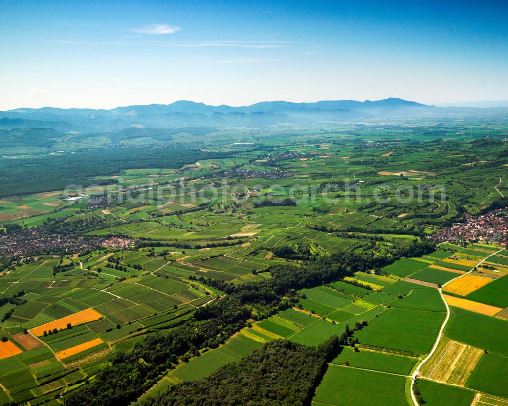 SCHELINGEN from the bird's eye view: Blick auf die Landschaften des Kaiserstuhl s, einem hohes Mittelgebirge vulkanischen Ursprungs in den Landkreisen Emmendingen und Breisgau-Hochschwarzwald im Südwesten von Baden-Württemberg. Naturräumlich wird er zum Oberrheinischen Tiefland gezählt. Seinen Namen hat der Kaiserstuhl vermutlich von König Otto III., der bei Sasbach am 22. Dezember 994 einen Gerichtstag abhielt. Nach diesem Gerichtstag wurde das ganze Gebirge als „Königsstuhl“ bezeichnet. Nachdem Otto III. im Mai 996 zum Kaiser gekrönt war, wurde aus dem „ Königsstuhl “ der „ Kaiserstuhl “. Landscapes of the Kaiserstuhl s, a high mountain range in southwestern Baden-Wuerttemberg.