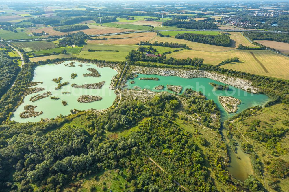 Aerial image Beckum - Landscape protection area Dyckerhoffsee - Blue lagoon with turquoise water in Beckum in the federal state of North Rhine-Westphalia, Germany