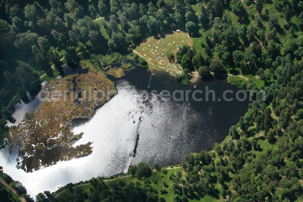 Kleines Wiesental from the bird's eye view: Protected landscape in the area of the lake Nonnenmattweiher in the Black Forest in Kleines Wiesental in the state Baden-Wuerttemberg. Part of the mountain lake can be used as swimming lake