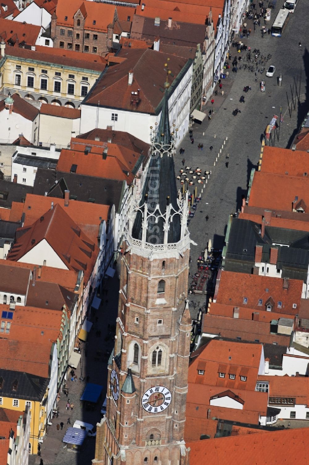 Landshut from above - View of the steeple of the church of St. Martin in Landshut in Bavaria