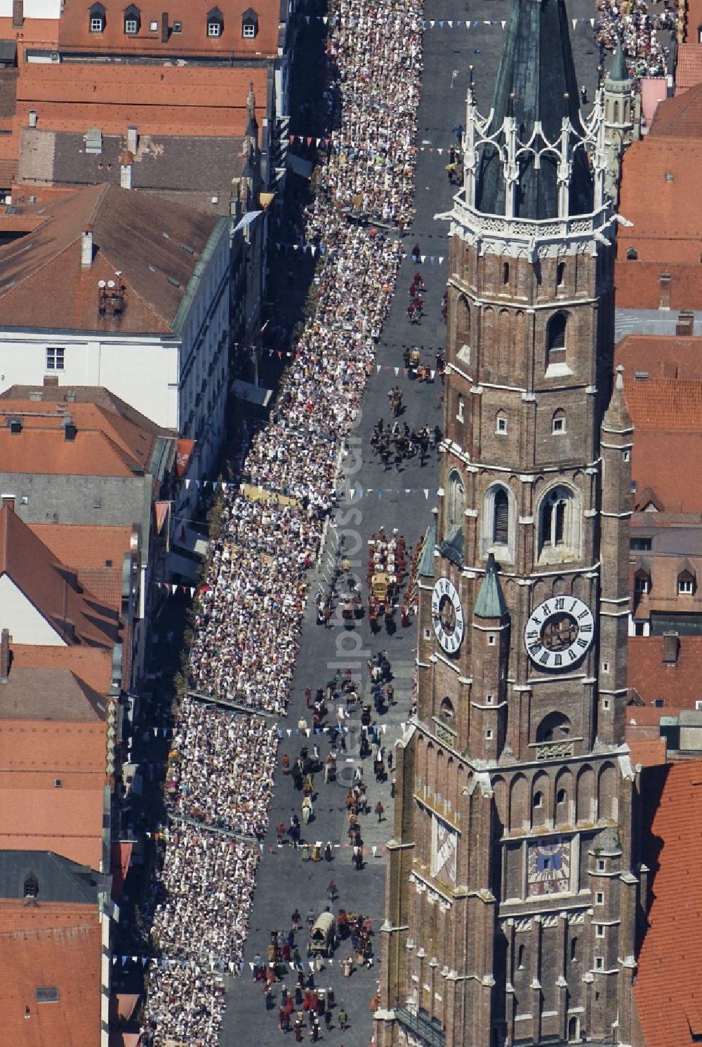 Aerial image Landshut - View of the steeple of the church of St. Martin in Landshut in Bavaria