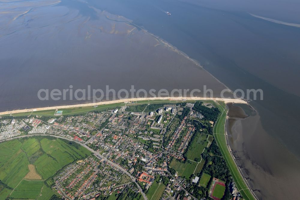 Cuxhaven from above - Headland area of the mouth of the Elbe in the spa district of Doese in Cuxhaven in the state of Lower Saxony. The river ends at the Kugelbake sign located at the former marine fortress of the same name