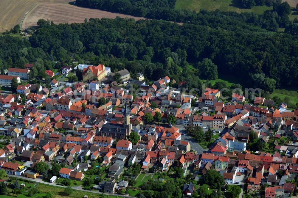 Bürgel from the bird's eye view: View of the city centre of the rural town Buergel and the parish church Saint Johannis in the state Thuringia