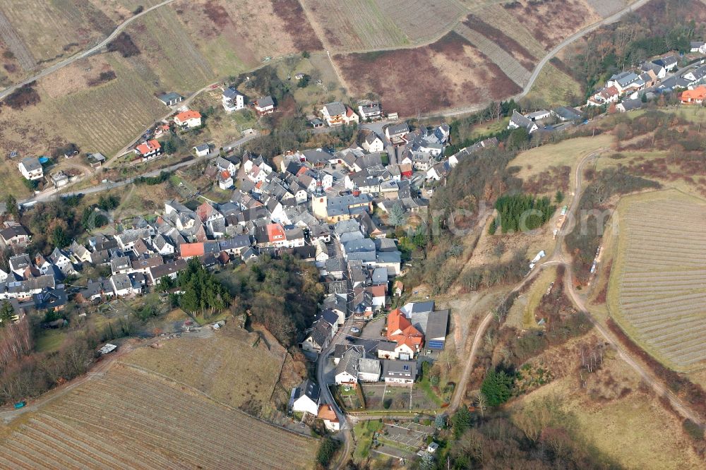 Aerial image Oberheimbach - Community surrounded by vineyards in the valley of Heimbaches. Family houses along Kirchstrasse in Oberheimbach in the state of Rhineland-Palatinate