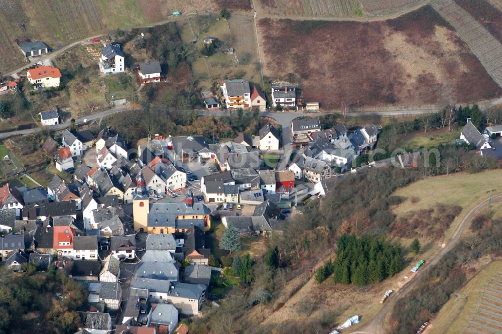 Oberheimbach from above - Community surrounded by vineyards in the valley of Heimbaches. Family houses along Kirchstrasse in Oberheimbach in the state of Rhineland-Palatinate