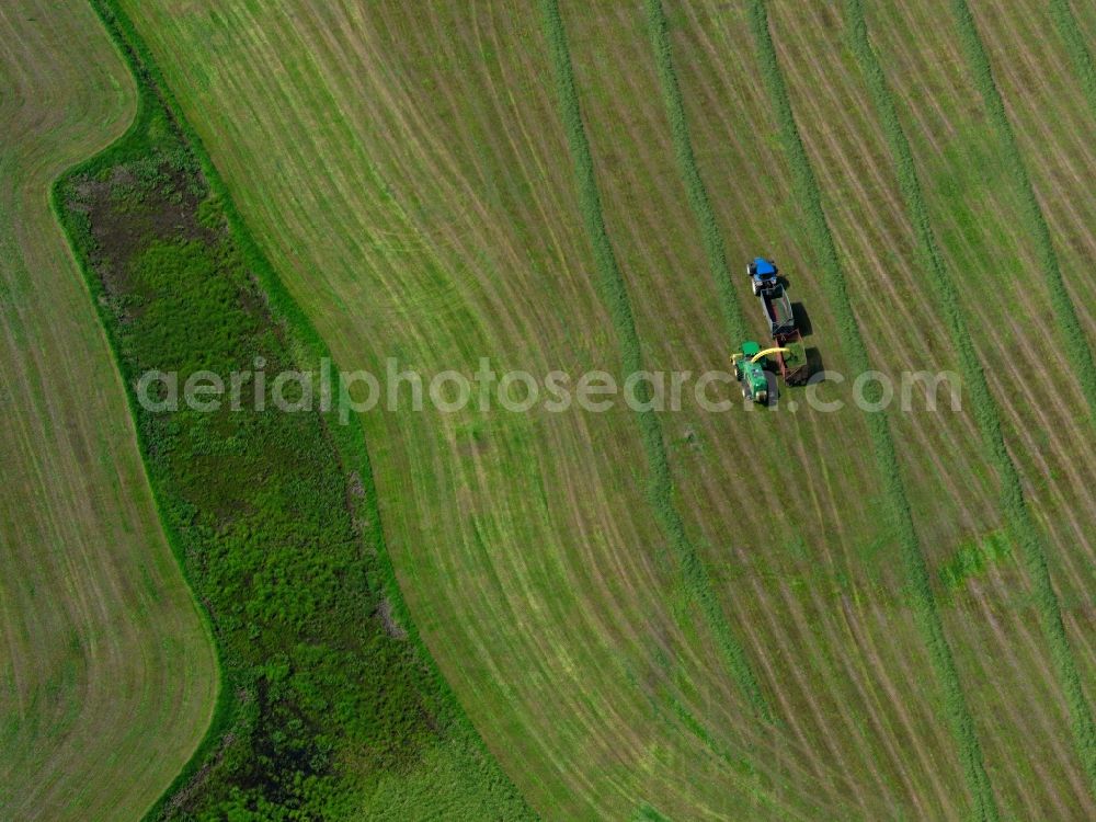 Burg (bei Magdeburg) from the bird's eye view: Agricultural vehicles harvesting in the region of Jerichower Land near Burg in the state of Sachsen-Anhalt. Tractors doing farm work in the symetrical fields of the region