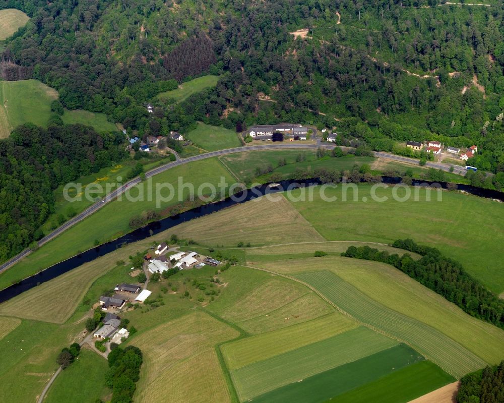 Aerial image Hövels - Agricultural estates on the river Sieg in Hoevels in the state of Rhineland-Palatinate. The farms are located on a small hill in a bend of the river Sieg. They belong to the municipiality of Hoevels which is located in the West