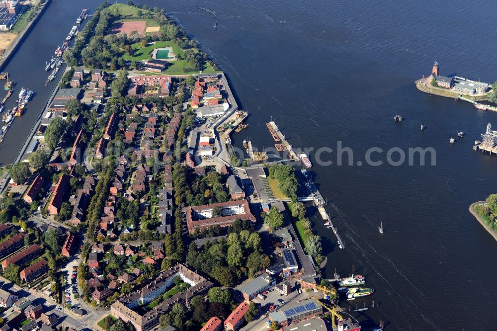 Hamburg from above - Promontory between the Steendiekkanal and Koehlfleet canal in Hamburg-Finkenwerder. Here is also the location of port technology of the Hamburg Port Authority HPA