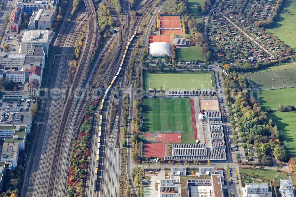 München from above - Freight Train in Munich Laim on the railway tracks parallel to the Landsberger Strasse in the state of Bavaria