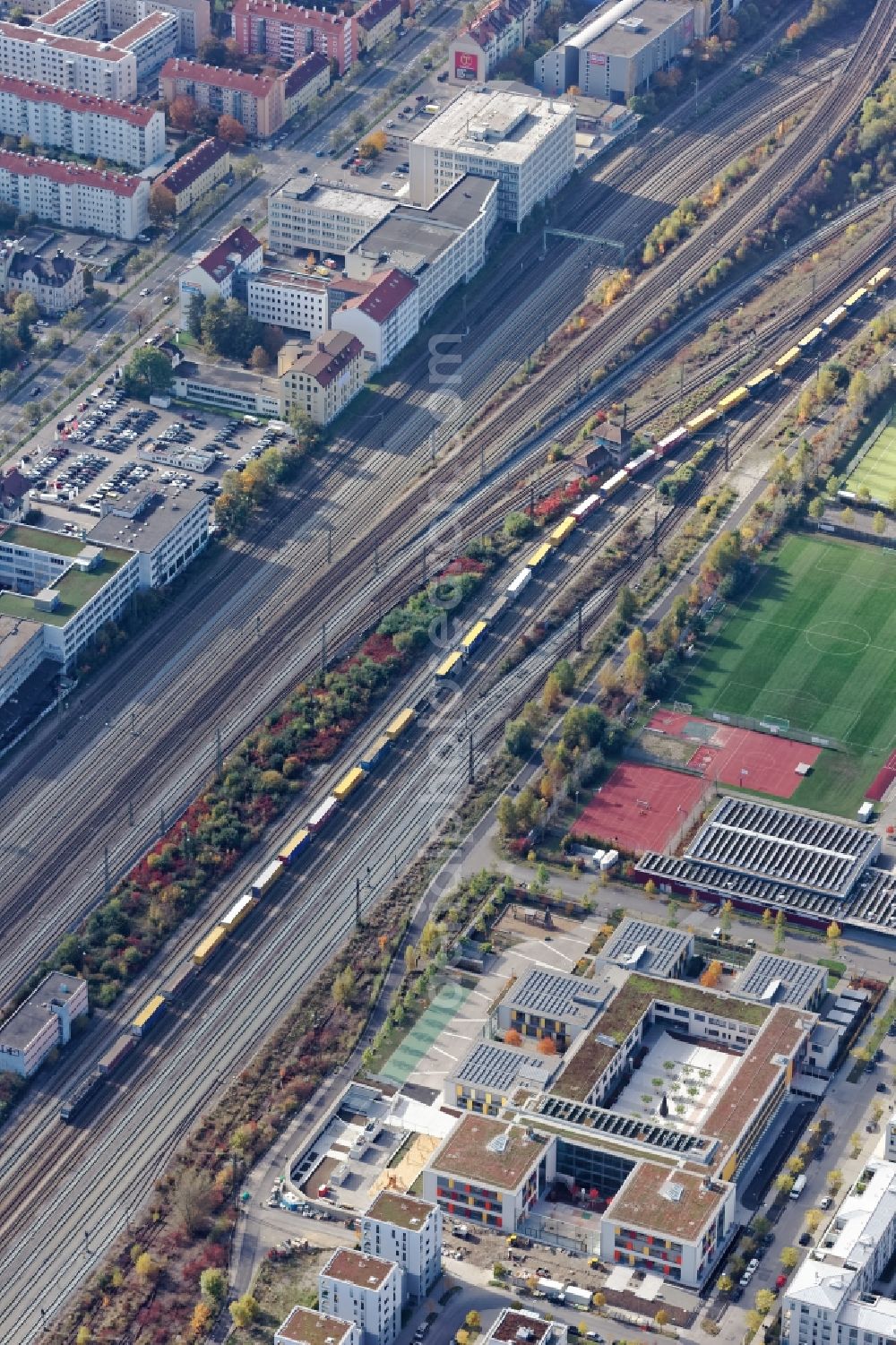 Aerial image München - Freight Train in Munich Laim on the railway tracks parallel to the Landsberger Strasse in the state of Bavaria