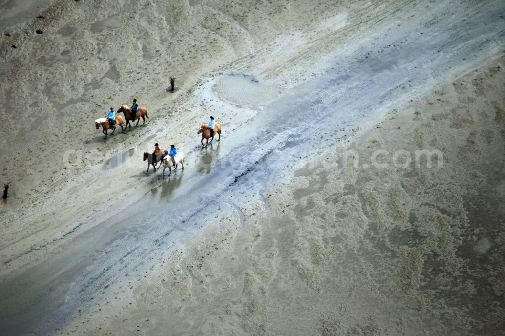 Aerial image Neuwerk - Running, walking, riding and driving carriages at the beach with the Wadden Sea to the North Sea - Coastal landscape along the Neuwerk