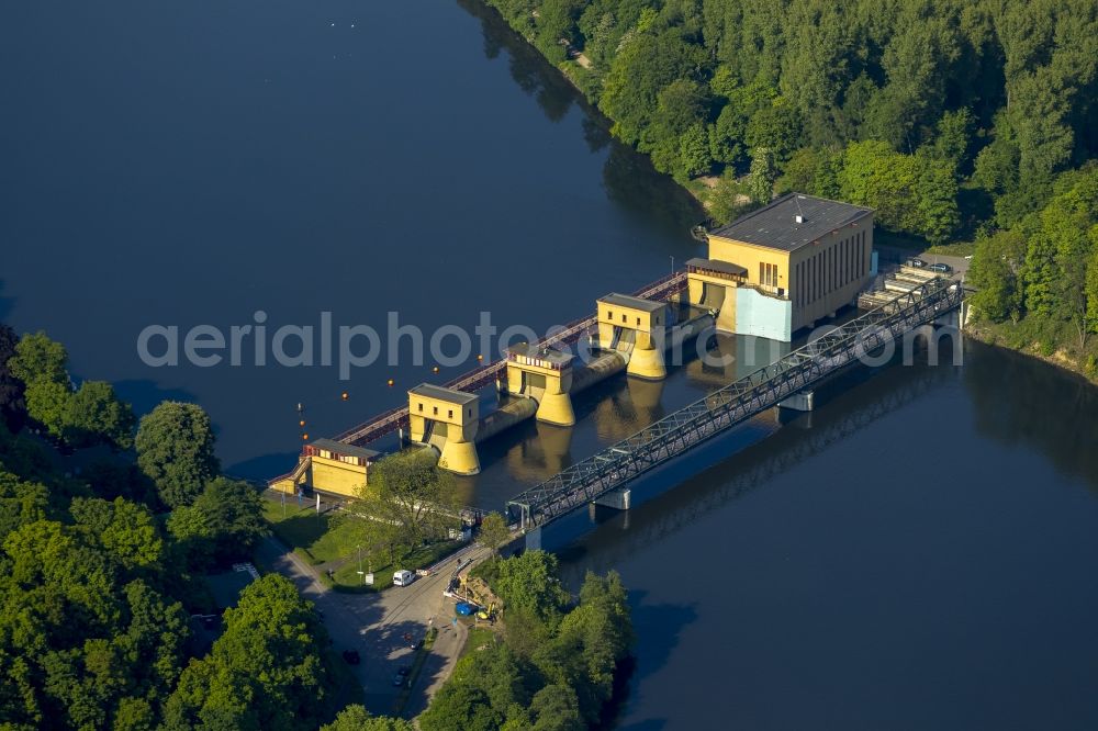 Herdecke from above - View of the Hengstey run-of-the-river power plant at the Ruhr in the state North Rhine-Westphalia