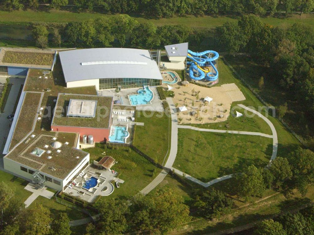 Aerial image Bad Liebenwerda - Im Juli 2004 eröffnete im Süden Brandenburgs eines der größten Erlebnis- und Gesundheitsbäder Deutschlands. Lausitztherme Wonnemar, Am Kurzentrum 1, 04924 Bad Liebenwerda, Tel. 035341-49020, Fax 035341-490229, badliebenwerda@wonnemar.de, http://