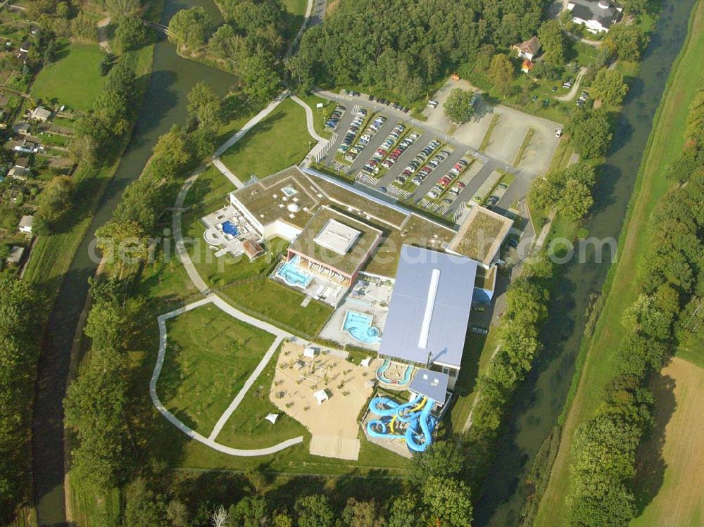 Aerial image Bad Liebenwerda - Im Juli 2004 eröffnete im Süden Brandenburgs eines der größten Erlebnis- und Gesundheitsbäder Deutschlands. Lausitztherme Wonnemar, Am Kurzentrum 1, 04924 Bad Liebenwerda, Tel. 035341-49020, Fax 035341-490229, badliebenwerda@wonnemar.de, http://