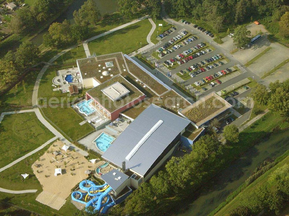 Aerial photograph Bad Liebenwerda - Im Juli 2004 eröffnete im Süden Brandenburgs eines der größten Erlebnis- und Gesundheitsbäder Deutschlands. Lausitztherme Wonnemar, Am Kurzentrum 1, 04924 Bad Liebenwerda, Tel. 035341-49020, Fax 035341-490229, badliebenwerda@wonnemar.de, http://