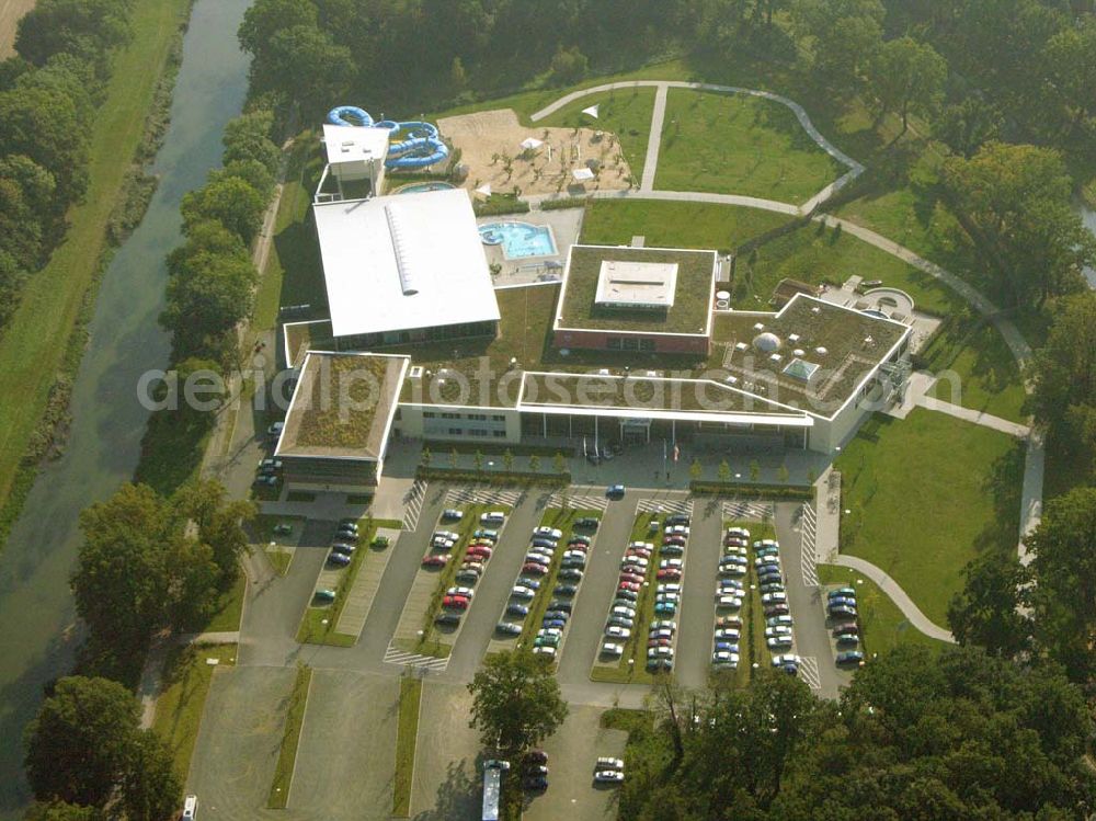 Bad Liebenwerda from above - Im Juli 2004 eröffnete im Süden Brandenburgs eines der größten Erlebnis- und Gesundheitsbäder Deutschlands. Lausitztherme Wonnemar, Am Kurzentrum 1, 04924 Bad Liebenwerda, Tel. 035341-49020, Fax 035341-490229, badliebenwerda@wonnemar.de, http://