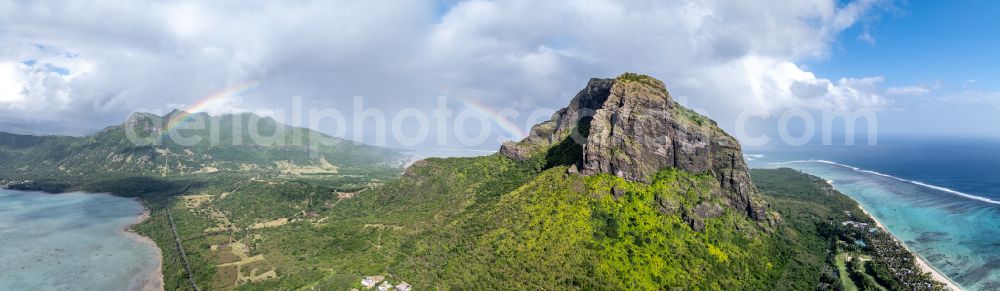 Aerial image Le Morne - View over La Gaulette to the prominent mountain Le Morne Brabant at the south-west coast of the island Mauritius at the Indian Ocean